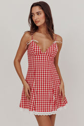 Noelle Lace Trim Mini Dress Gingham Red